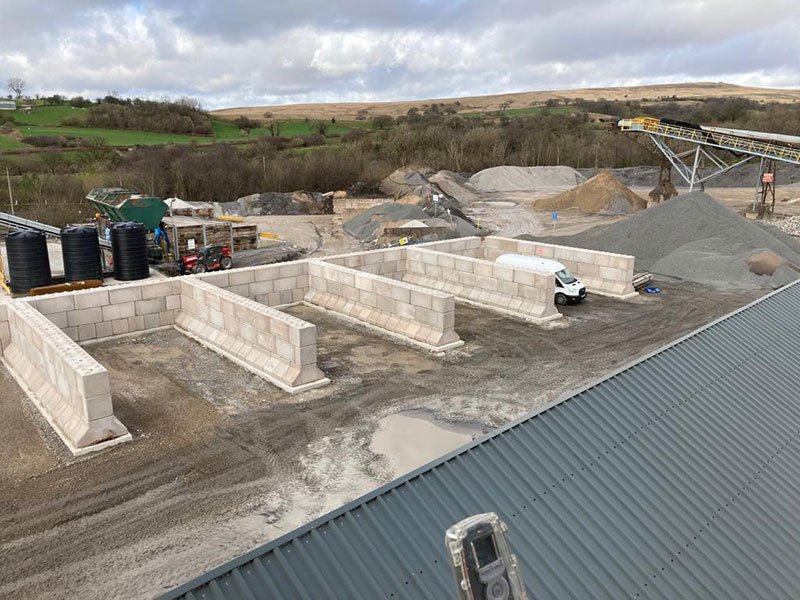 Legato block material bays laid out across a quarry processing yard