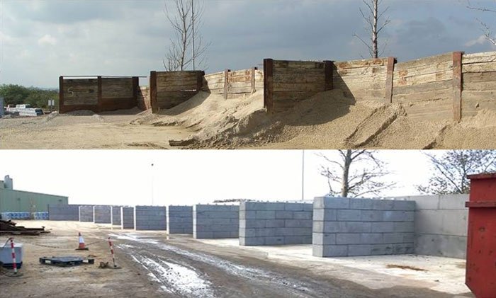 Before and after views of timber bays replaced with interlocking block bays