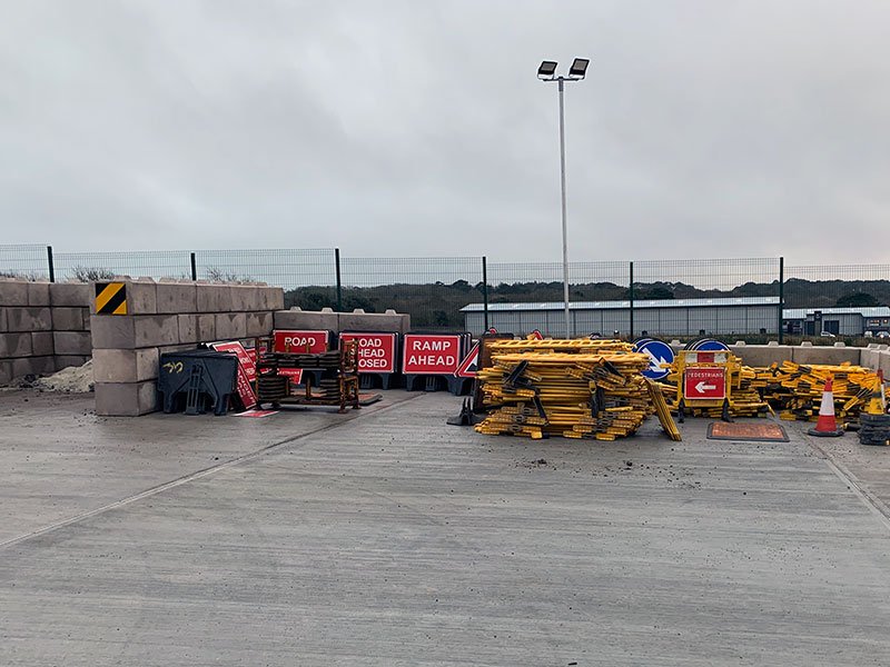 Interlocking block storage bays holding materials at a highways depot